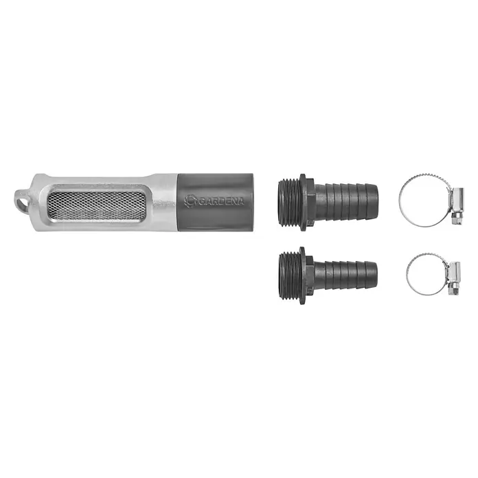 Gardena Rückflussverhinderer - Passend für: Saugschlauch-Durchmesser: 19 mm (3/4") / 25 mm (1") - Produktabbildung eines Gardena Ansaugfilters mit Zubehör, einschließlich Schlauchverbinder und Schellen, ideal für zuverlässige Gartenbewässerung.