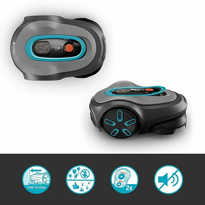 Gardena Mähroboter smart SILENO max - 1.500 m², Schnittbreite: 22 cm, Induktionsgestützte Navigation, Begrenzungskabel - Das Bild zeigt den Gardena Smart Sileno Mähroboter aus verschiedenen Perspektiven, inklusive seiner Funktionen für Rasenpflege.