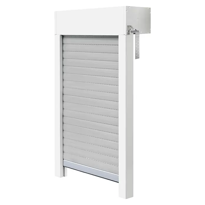 Schellenberg Rollladen-Komplett-Set MINI - Aufsatz, 100 x 100 cm - Weißer Rollladen, teilweise geöffnet, mit Lamellen und oberem Kasten samt Befestigung.