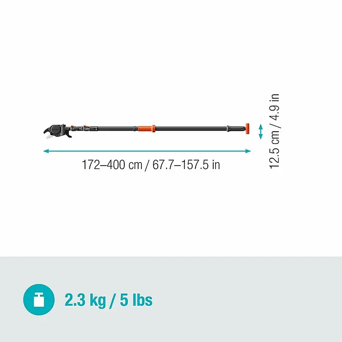 Gardena StarCut Teleskop-Astschere Pro L - Max. Aststärke: 32 mm - Abbildung eines verstellbaren Hochentasters mit Maßangaben zu Länge, Durchmesser und Gewicht.