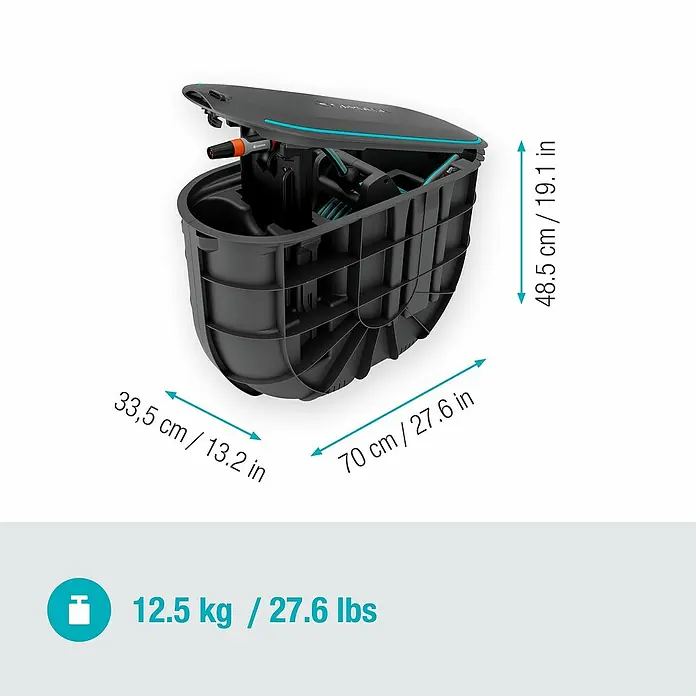 Gardena Schlauchbox Undercover RollUp - Schlauchlänge: 20 m - Abbildung der Gardena Schlauchbox mit Abmessungen und Gewicht, ideal für die Gartenbewässerung.