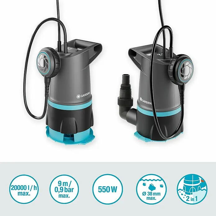 Gardena Schmutzwasserpumpe + Klarwasser 20000 Basic - 550 W, Max. Fördermenge: 20.000 l/h, Eintauchtiefe: 7 m - Bild von zwei Gardena Schmutzwasser-Tauchpumpen mit technischen Details wie Leistung und Förderhöhe für Gartenbewässerung.