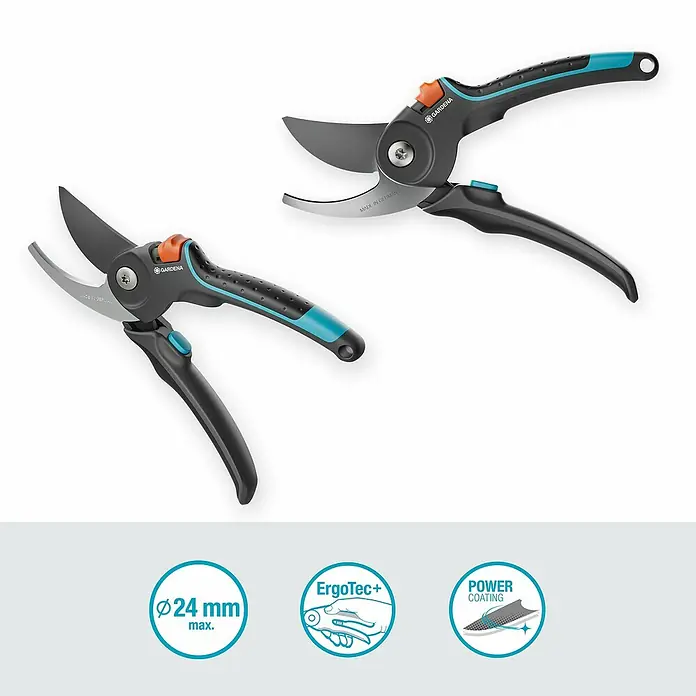 Gardena Gartenschere PremiumCut Pro - Bypass, Max. Aststärke: 24 mm - Abbildung einer Gardena Gartenschere mit ergonomischem Griff und Power-Beschichtung für müheloses Schneiden von Ästen bis 24 mm Durchmesser.