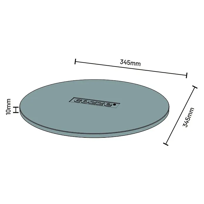 Cozze Pizzastein - Durchmesser: 34,5 cm, Corderit - Schematische Darstellung einer grauen COZZE-Pizza-Drehplatte mit den Maßen 345 mm Durchmesser und 10 mm Höhe.