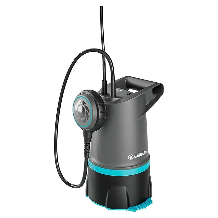 Gardena Schmutzwasserpumpe + Klarwasser 20000 Basic - 550 W, Max. Fördermenge: 20.000 l/h, Eintauchtiefe: 7 m - Gardena Schmutzwasser-Tauchpumpe mit grau-schwarzem Design und blauem Akzent, ideal für effiziente Entwässerung und anspruchsvolle Aufgaben im Garten.