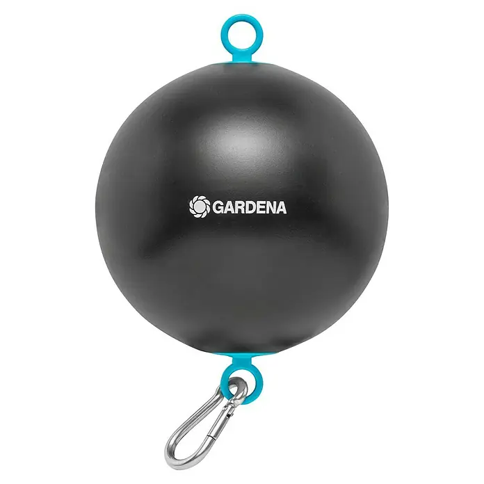 Gardena Schwimmer - Passend für: GARDENA Saugfilter ab 2025 mit Saugschlauch-Durchmesser: 25 mm (1") - Nahaufnahme einer GARDENA-Schwinge für den Garten mit blauem Haken. Das Produkt ist scharz und mit dem Firmenlogo versehen.