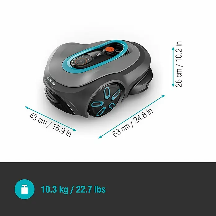 Gardena Mähroboter smart SILENO max - 1.500 m², Schnittbreite: 22 cm, Induktionsgestützte Navigation, Begrenzungskabel - Produktansicht des Gardena Mähroboters mit Größenangaben. Das Gewicht des Geräts beträgt 10,3 kg.