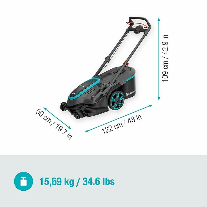 Gardena Power for All 18V Akku-Rasenmäher PowerMax Duo 46/36V - 18 V, Ohne Akku, Schnittbreite: 46 cm - Bild eines Gardena Akku-Rasenmähers mit Maßangaben zu Länge, Breite, Höhe und Gewicht.