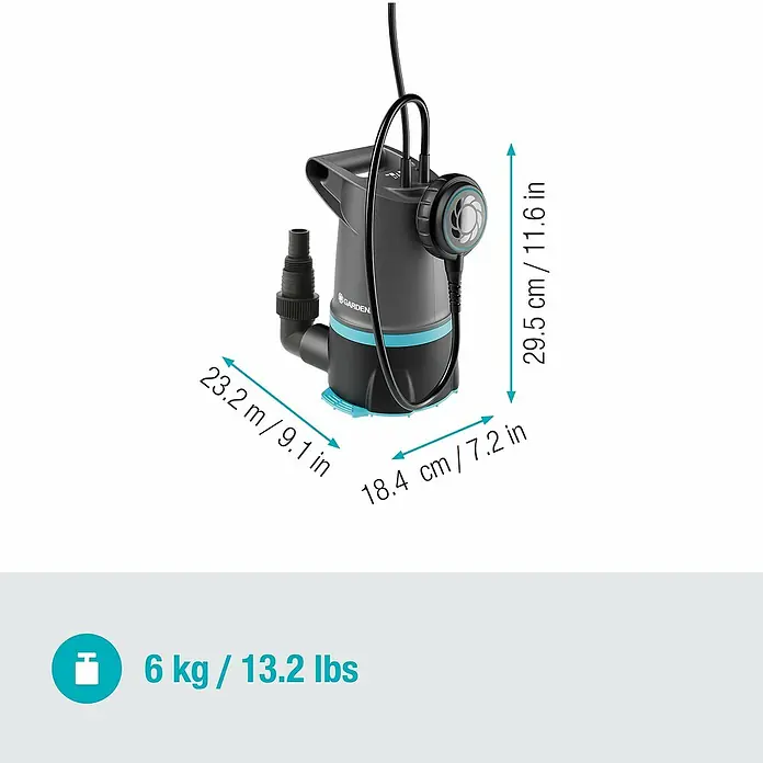 Gardena Schmutzwasserpumpe + Klarwasser 20000 Basic - 550 W, Max. Fördermenge: 20.000 l/h, Eintauchtiefe: 7 m - Abbildung einer grauen Gardena-Schmutzwasser-Tauchpumpe mit blauen Akzenten und Maßangaben.