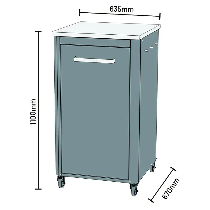 Cozze Outdoorküchen-Modul hoch - Schwarz/Silber, B x T x H: 60 x 60 x 110 cm - Abbildung eines Küchenwagens mit den Maßen 1100 mm Höhe, 635 mm Breite und 670 mm Tiefe.