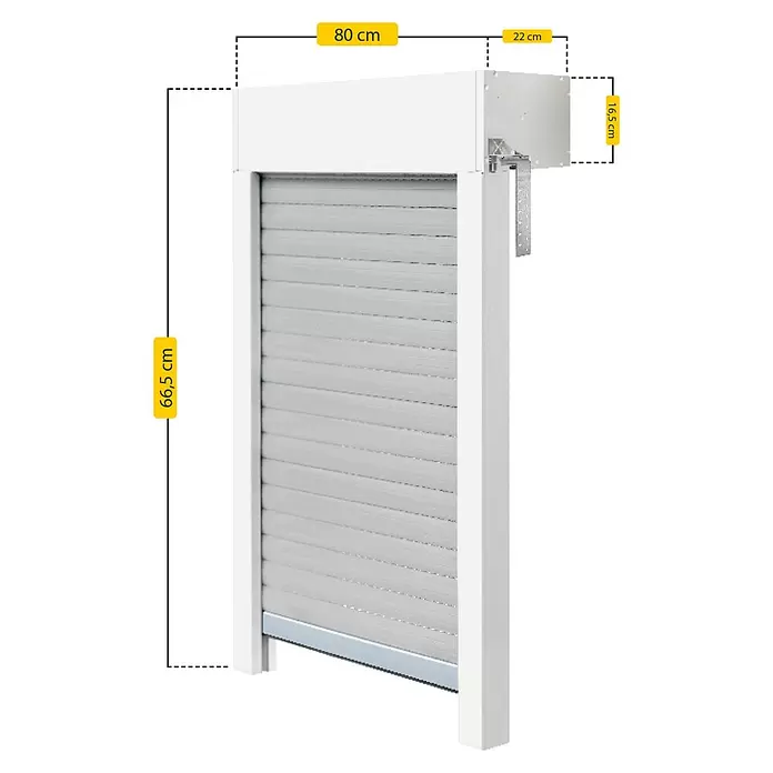 Schellenberg Rollladen-Komplett-Set MINI - Aufsatz, 80 x 50 cm - Weißer Rollladen mit grauen Lamellen, Maße: 80cm Breite, 22cm Tiefe, 16,5cm Kastenhöhe, 66,5cm Rollladenhöhe.