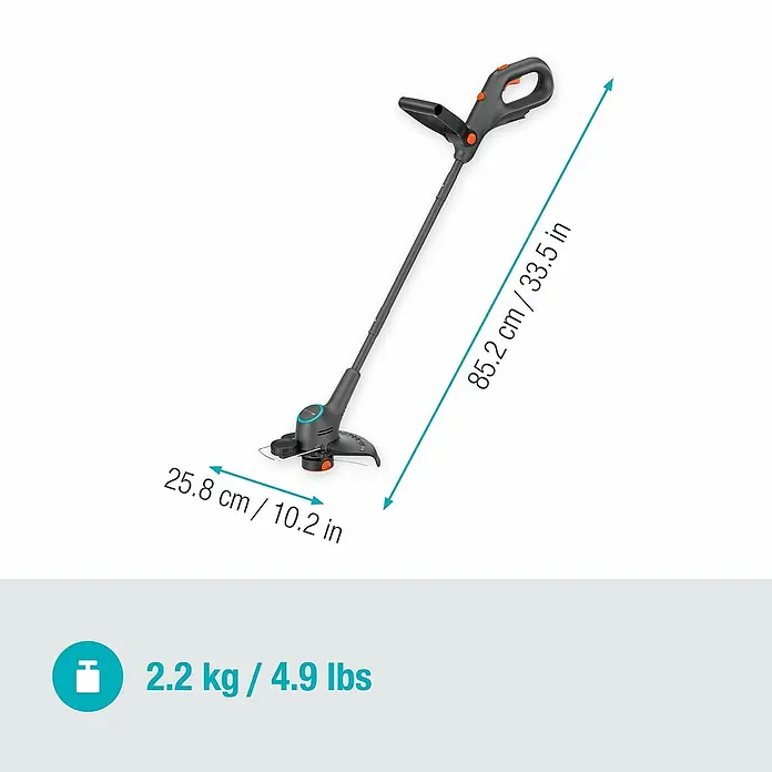 Gardena Power for All 18V Akku-Rasentrimmer EasyTrim 25/18V - 18 V, Li-Ionen, Ohne Akku, Schnittbreite Faden: 25 cm - Abbildung eines Gardena Akku-Rasentrimmers mit Maßangaben zu Länge (85,2 cm) und Schnittbreite (25,8 cm), sowie Gewicht (2,2 kg).
