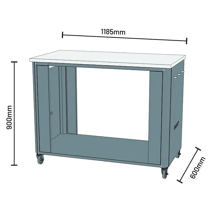 Cozze Outdoorküchen-Modul - Schwarz/Silber, B x T x H: 119 x 60 x 90 cm - Abbildung eines Werkzeugtisches mit den Maßen 1185 mm x 900 mm x 600 mm. Ideal für Werkstätten und Hobbyräume.
