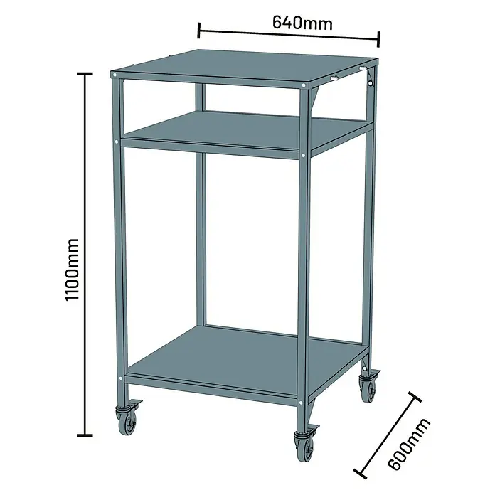 Cozze Grilltisch - B x T x H: 60 x 60 x 110 cm, Stahl - Abbildung eines Servierwagens mit drei Ablagen und Rollen, mit Maßangaben für Höhe und Breite.