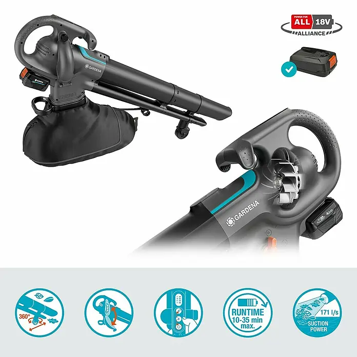 Gardena Power for All 18V Akku-Laubsauger & -Laubbläser PowerJetCollect - 18 V, 1 Akku, 4 Ah, Blasgeschwindigkeit: 250 km/h - Akkubetriebener GARDENA Laubsauger und -bläser mit Fangsack und zugehörigem Akku aus der Power for All Alliance.