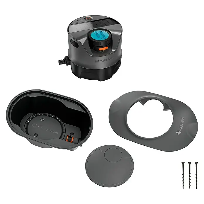 Gardena Sprinklersystem Versenkregner-Set AquaPrecise Basis - Max. Regnerfläche: 320 m², Reichweite ca.: 2 m - 10 m - Abgebildetes Gardena Bewässerungsgerät mit Zubehör zur präzisen Gartenbewässerung.