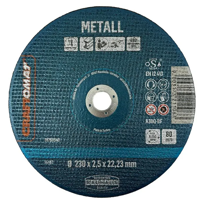 Craftomat Trennscheibe A30Q-BF - Geeignet für: Metall, Durchmesser Scheibe: 230 mm, 5 Stk. - Aufnahme eines blauen "Metall"-Trennschleifers von Bauhaus mit Sicherheitsrichtlinien, Spezifikationen und Markeninformationen.