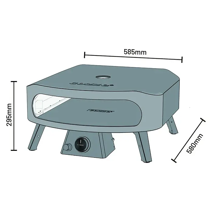 Cozze Pizzaofen Classic 17" - Grillfläche (B x T): 42,5 x 42,5 cm, 8 kW - Cozze Pizzaofen mit den Maßen 585 mm Breite, 295 mm Höhe und 580 mm Tiefe, ideal für die Zubereitung von köstlicher Pizza im Freien.