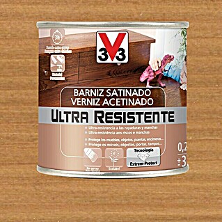 V33 Barniz para madera Satinado Ultra Resistente (Roble oscuro, Satinado, 250 ml)