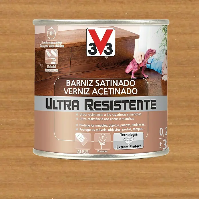 V33 Barniz para madera Satinado Ultra Resistente - Roble oscuro, Satinado, 250 ml - Lata de barniz satinado V33 Ultra Resistente, ideal para muebles y superficies, ofrece protección contra arañazos y manchas con Ecolabel.