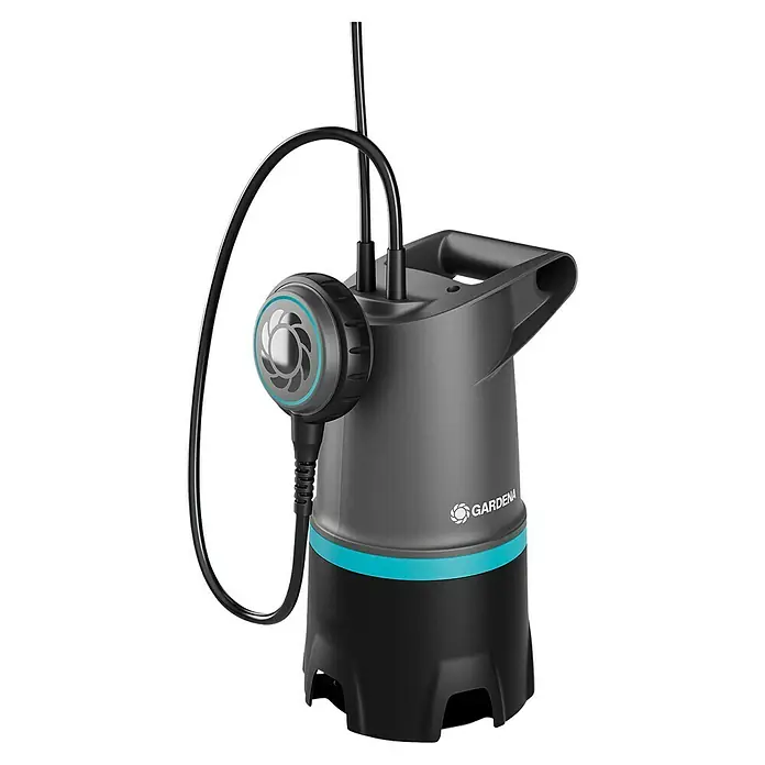 Gardena Schmutzwasserpumpe 20000 Basic - 550 W, Max. Fördermenge: 20.000 l/h, Eintauchtiefe: 7 m - Das Bild zeigt eine Gardena Tauchpumpe, die mit einem blauen Akzentstreifen und einem markanten Schwimmerschalter ausgestattet ist.