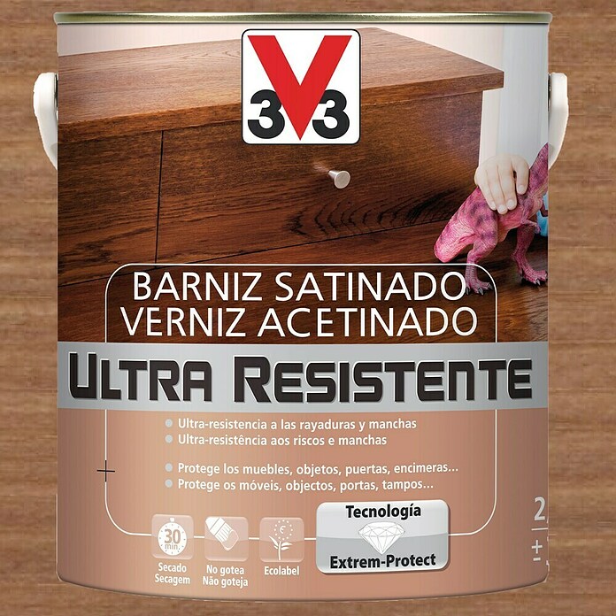 V33 Barniz para madera Satinado Ultra Resistente (Nogal, Satinado, 2,5 l)