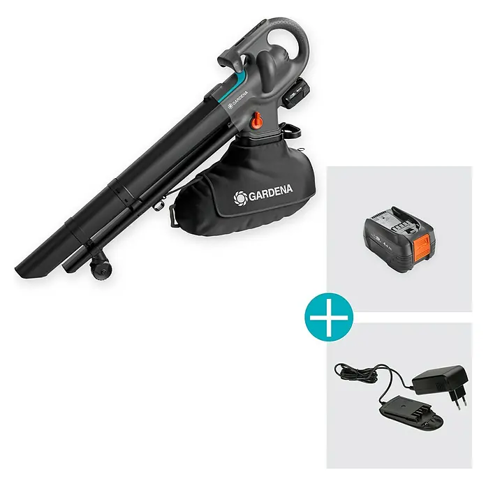 Gardena Power for All 18V Akku-Laubsauger & -Laubbläser PowerJetCollect - 18 V, 1 Akku, 4 Ah, Blasgeschwindigkeit: 250 km/h - Abbildung eines Gardena Elektro-Laubsaugers/-bläsers mit Zubehör. Inklusive Akku und Ladegerät für den flexiblen Einsatz im Garten.
