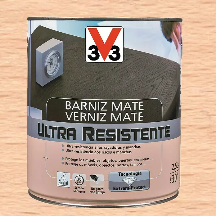 V33 Barniz para madera Mate Ultra Resistente - Incoloro, Mate, 750 ml - Bote de barniz mate Ultra Resistente de la marca 33, apto para muebles, puertas y objetos, con resistencia a rayaduras y manchas.