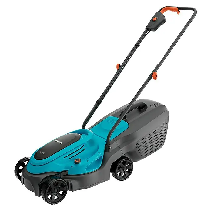 Gardena Power for All 18V Akku-Rasenmäher EasyMax 32/18V - 18 V, Ohne Akku, Schnittbreite: 32 mm - Das Bild zeigt einen Rasenmäher der Marke Gardena in den Farben Türkis und Grau mit einem schwarzen Fangkorb.