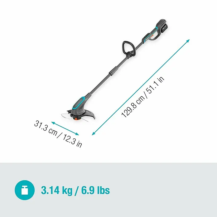 Gardena Power for All 18V Akku-Rasentrimmer PowerTrim 30/18V - 18 V, 4 Ah, Li-Ionen, 1 Akku, Schnittbreite Faden: 30 cm - Abbildung eines Gardena Akku-Rasentrimmers mit Maßangaben zu Länge, Breite und Gewicht.