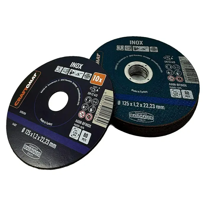 Craftomat Trennscheibe A6OR-BFINOX - Durchmesser Scheibe: 125 mm, Stärke Scheibe: 1,2 mm, 10 Stk. - Das Bild zeigt zwei Trennscheiben für Edelstahl von Craftomat und Bauhaus, ideal zum Schneiden von Metall mit hoher Präzision.