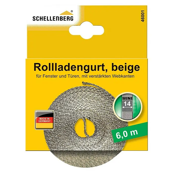 Schellenberg Rollladengurt MiniBeige, Länge: 6 m, Gurtbreite: 14 mm - Verpackung einer Schellenberg Rollladengurt in Beige, geeignet für Fenster und Türen mit verstärkten Webkanten, 6,0 m lang.
