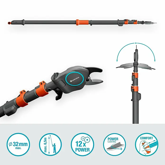 Gardena StarCut Teleskop-Astschere Pro L - Max. Aststärke: 32 mm - Abbildung einer GARDENA Teleskop-Astschere mit orangenen Akzenten und verschiedenen Symbolen, die Produktmerkmale hervorheben.