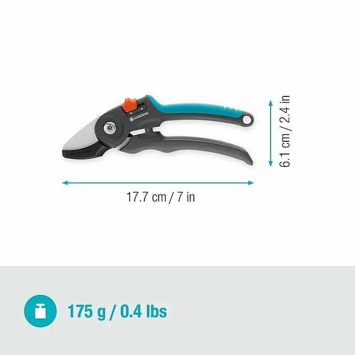 Gardena Gartenschere PremiumCut - Amboss, Max. Aststärke: 20 mm - Abbildung einer Gardena Gartenschere mit Größen- und Gewichtsangaben.