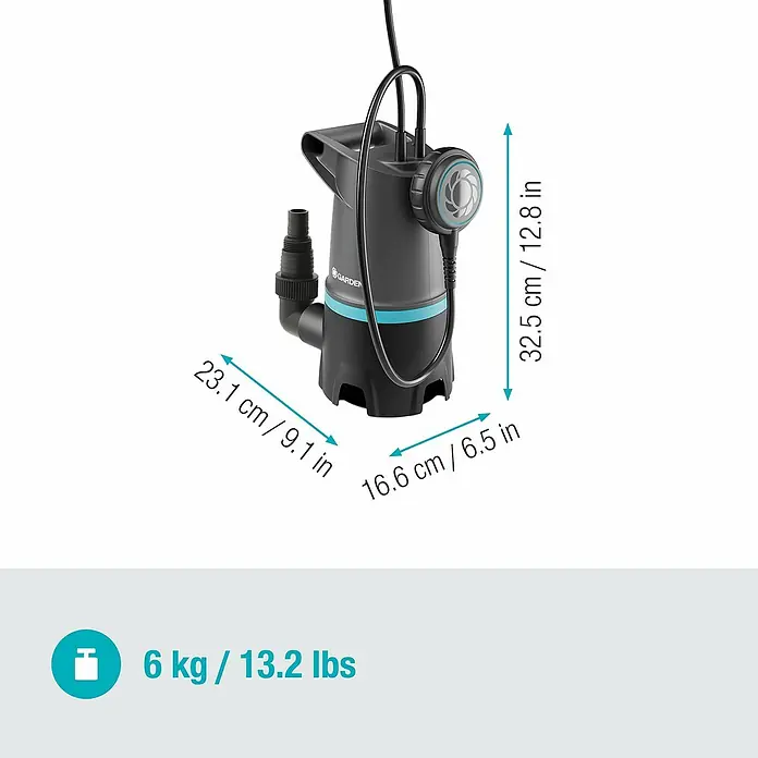 Gardena Schmutzwasserpumpe 20000 Basic - 550 W, Max. Fördermenge: 20.000 l/h, Eintauchtiefe: 7 m - Abbildung einer Gardena Schmutzwasser-Tauchpumpe mit Maßangaben und Gewichtsangabe. Die Pumpe ist schwarz und blau.