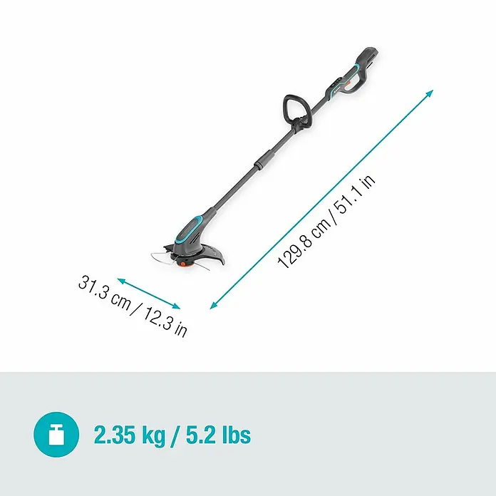 Gardena Power for All 18V Akku-Rasentrimmer PowerTrim 30/18V - 18 V, Li-Ionen, Ohne Akku, Schnittbreite Faden: 30 cm - Abbildung des Gardena Akku-Rasentrimmers mit Maßangaben zu Länge und Breite sowie Gewichtsangabe.