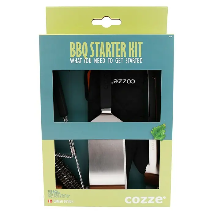 Cozze Grillzubehör-Set - 4 -tlg. - BBQ Starter-Kit: Das Paket enthält eine Stahlbürste, einen Spatel, Grillhandschuhe & Zangen. Perfekt für den Start ins Grillvergnügen.
