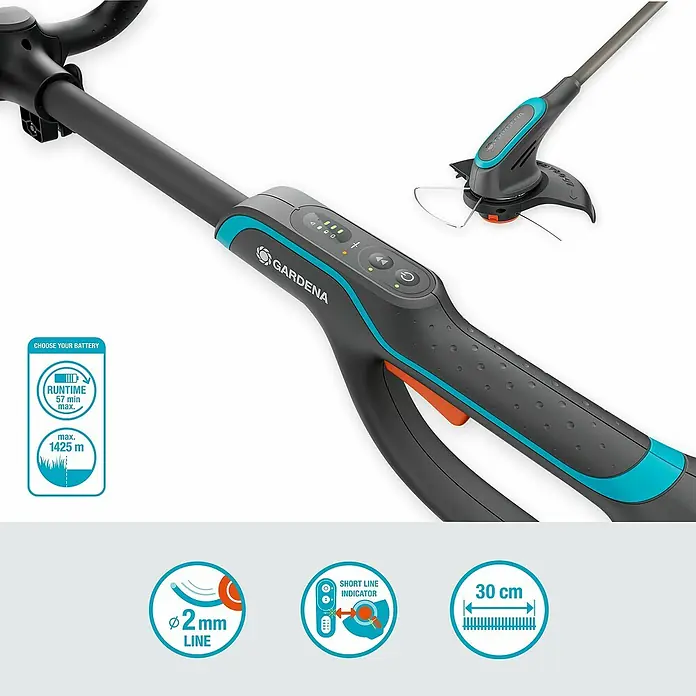 Gardena Power for All 18V Akku-Rasentrimmer PowerTrim 30/18V - 18 V, Li-Ionen, Ohne Akku, Schnittbreite Faden: 30 cm - Das Bild zeigt einen GARDENA Akku-Trimmer mit Details zur Akkulaufzeit, Schnittbreite und Fadenstärke.