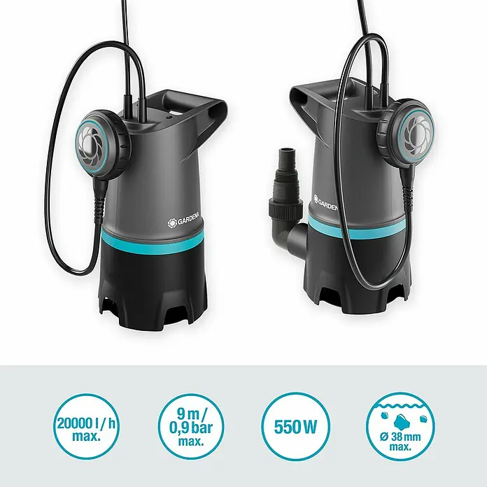 Gardena Schmutzwasserpumpe 20000 Basic - 550 W, Max. Fördermenge: 20.000 l/h, Eintauchtiefe: 7 m - Abgebildet ist eine Gardena Schmutzwasser-Tauchpumpe, ideal zum Auspumpen von verschmutztem Wasser mit bis zu 20000 l/h Förderleistung.