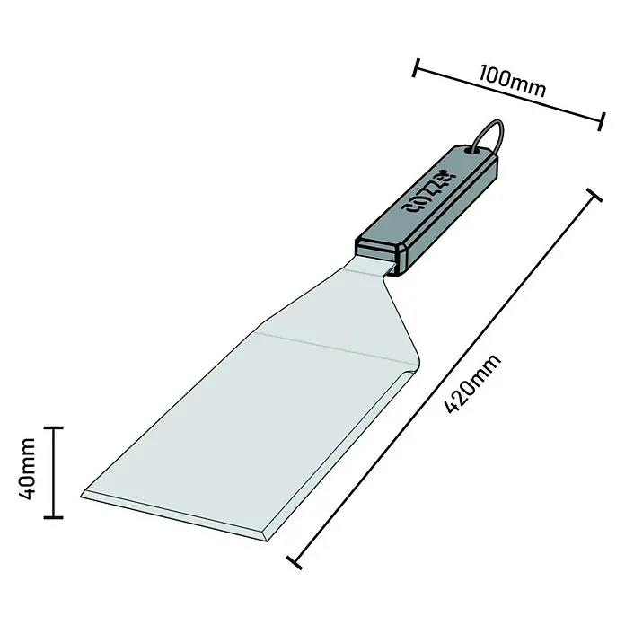 Cozze Grillgutwender - Länge: 42 cm, Edelstahl/Kunststoff - Bild einer Grillspachtel mit den Maßen 420mm Länge, 100mm Griffbreite und 40mm Blattbreite. Die Spachtel ist silbern mit einem grauen Griff.