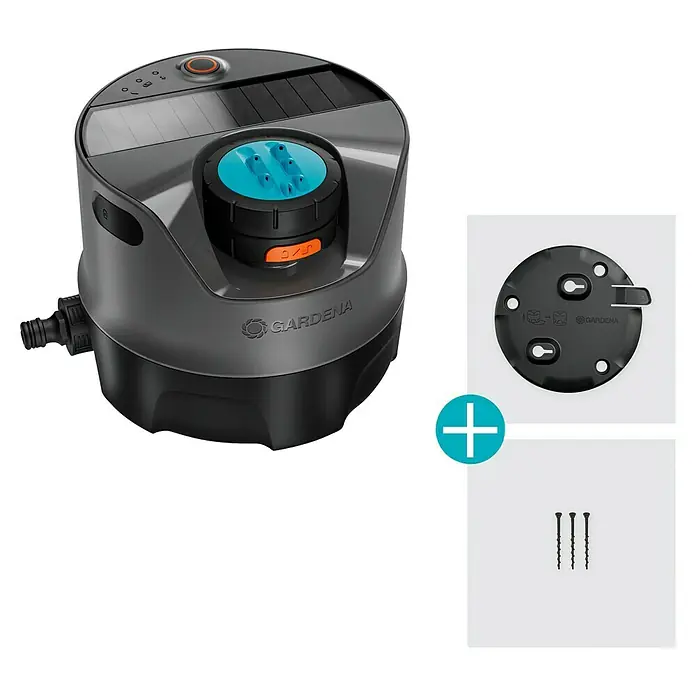 Gardena Vielflächenregner AquaPrecise solarbetrieben - Max. Regnerfläche: 320 m², Wurfweite: 2 m - 10 m - Das Bild zeigt einen Gardena AquaBloom Set für die Bewässerung, inklusive Montageplatte und Schrauben für die Installation.