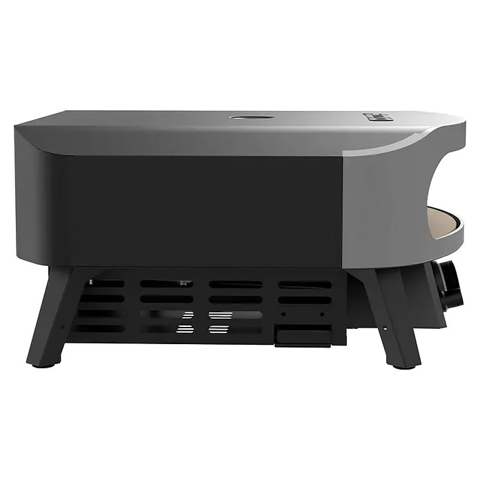 Cozze Pizzaofen Classic 17" - Grillfläche (B x T): 42,5 x 42,5 cm, 8 kW - Seitenansicht eines Ooni Pizzaofens mit grauem Oberteil und schwarzem Sockel.
