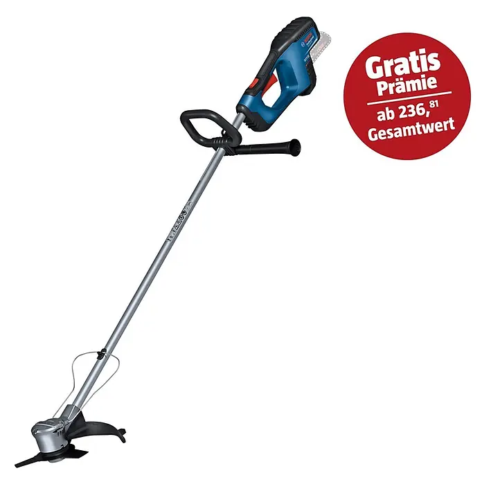 Bosch Professional AMPShare 18V Akku-Freischneider GFR 18V-23 - 18 V, Ohne Akku, Schnittbreite Messer: 23 cm - Akkubetriebener Rasentrimmer von Bosch mit blauem Griff und silbernem Schaft, im Hintergrund ein rotes Aktionssymbol mit "Gratis"-Aufschrift.