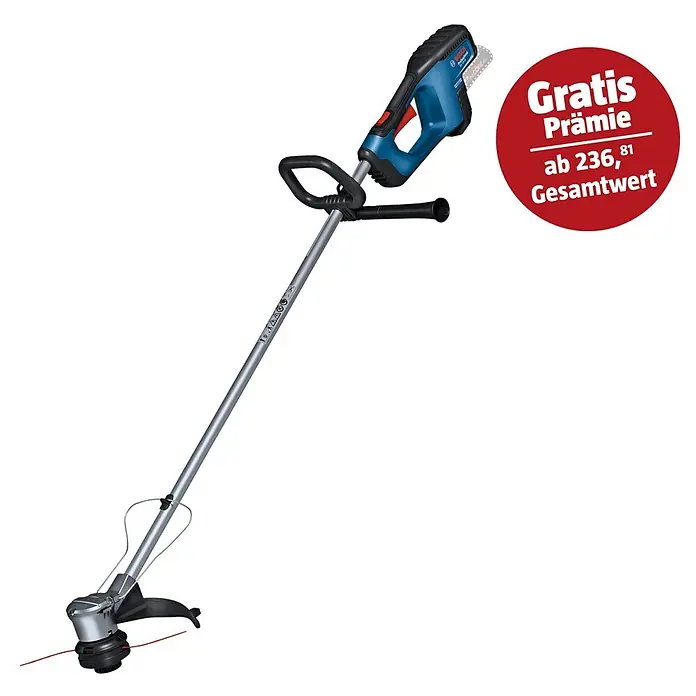 Bosch Professional AMPShare 18V Akku-Rasentrimmer GRT 18V-33 - 18 V, Ohne Akku - Abbildung eines Akku-Rasentrimmers von Bosch, ideal für Gartenarbeiten, mit einem roten "Gratis"-Aufkleber.