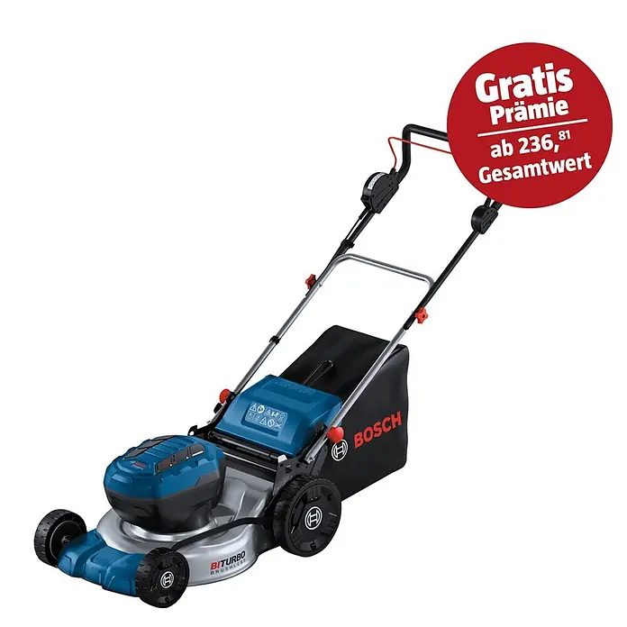 Bosch Professional AMPShare 18V Akku-Rasenmäher GRA 18V2-46 - 18 V, Ohne Akku, Schnittbreite: 46 cm - Bild einer Bosch Akku-Rasenmäher mit Gratis-Angebot.