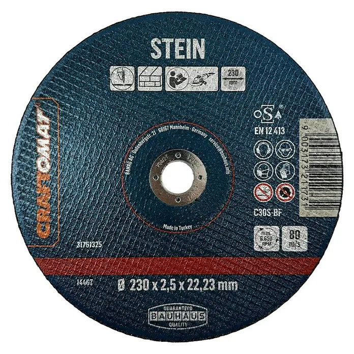 Craftomat Trennscheibe C24R-BF - Geeignet für: Stein, Durchmesser Scheibe: 230 mm, 5 Stk. - Abbildung einer Trennscheibe der Marke Craftomat, speziell für Stein, mit den Abmessungen 230 x 2,5 x 22,23 mm.