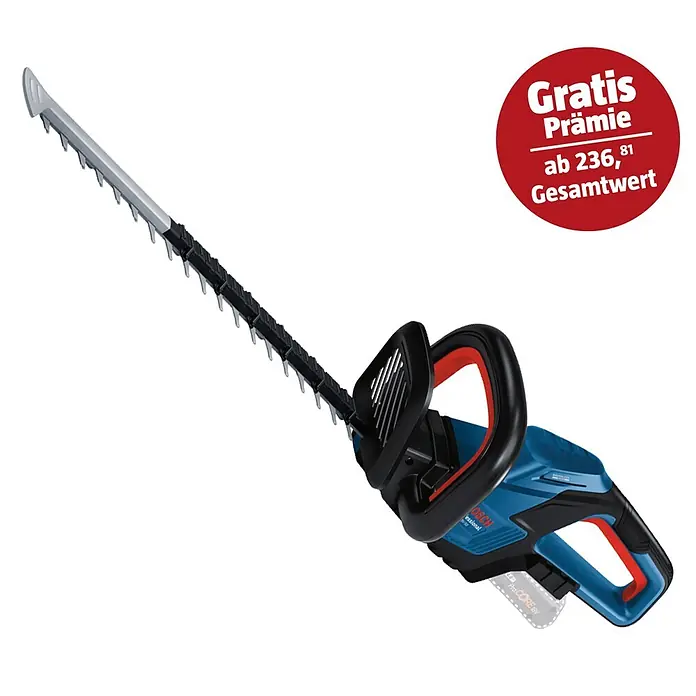 Bosch Professional AMPShare 18V Akku-Heckenschere GHE 18V-50 - 18 V, Ohne Akku, Schnittlänge: 50 cm - Blauer und schwarzer Bosch Akku-Heckenschneider mit langer silberner Klinge.