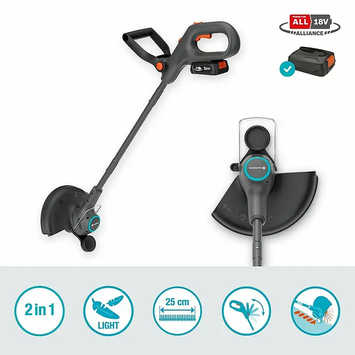 Gardena Power for All 18V Akku-Rasentrimmer EasyTrim 25/18V - 18 V, 2 Ah, Li-Ionen, 1 Akku, Schnittbreite Faden: 25 cm - Bild eines Gardena Akku-Rasentrimmers mit Akku und Symbolen für Produkteigenschaften.
