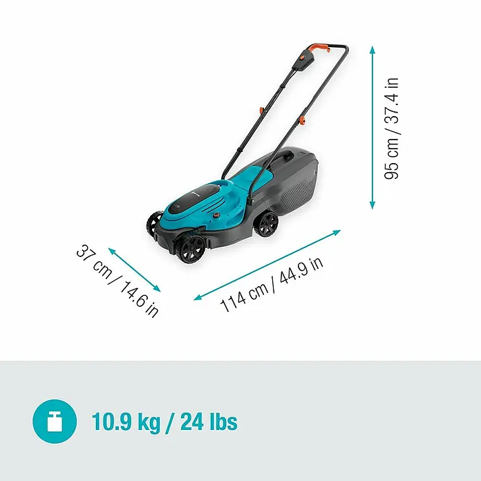 Gardena Power for All 18V Akku-Rasenmäher EasyMax 32/18V - 18 V, Ohne Akku, Schnittbreite: 32 mm - Ein blauer und grauer Gardena Rasenmäher mit den Maßen 37 x 114 x 95 cm und einem Gewicht von 10,9 kg.