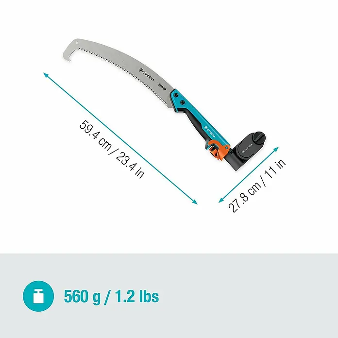 Gardena StarCut Astsäge - Länge: 59,4 cm, Passend für: GARDENA Baum- und Strauchschneider StarCut Pro L - Abbildung einer GARDENA Astsäge mit den Maßen 59,4 cm/23,4 in und 27,8 cm/11 in. Das Gewicht der Säge beträgt 560 g/1,2 lbs.